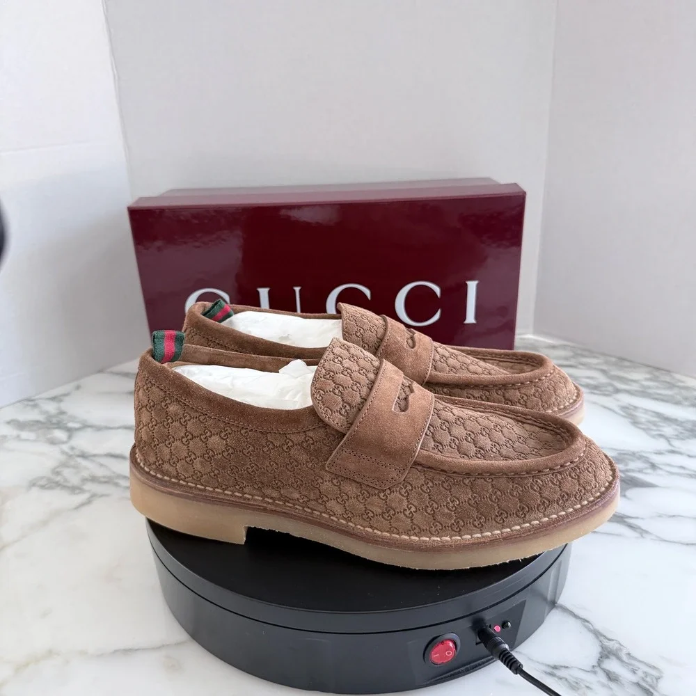 GUCCI  GG Moreau Moccasin Brown Suede Loafer Shoe Penny Strap, G 8+